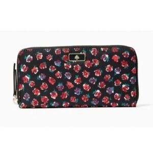 Kate Spade Dawn Roses Floral Red Purple Black Zip Around Wallet Black Clutch